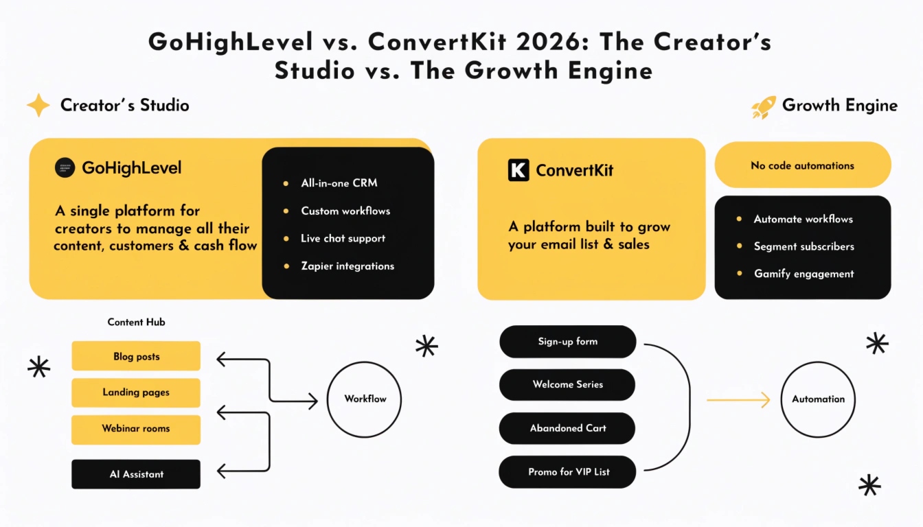 GoHighLevel vs. ConvertKit 2026: The Creator’s Studio vs. The Growth Engine
